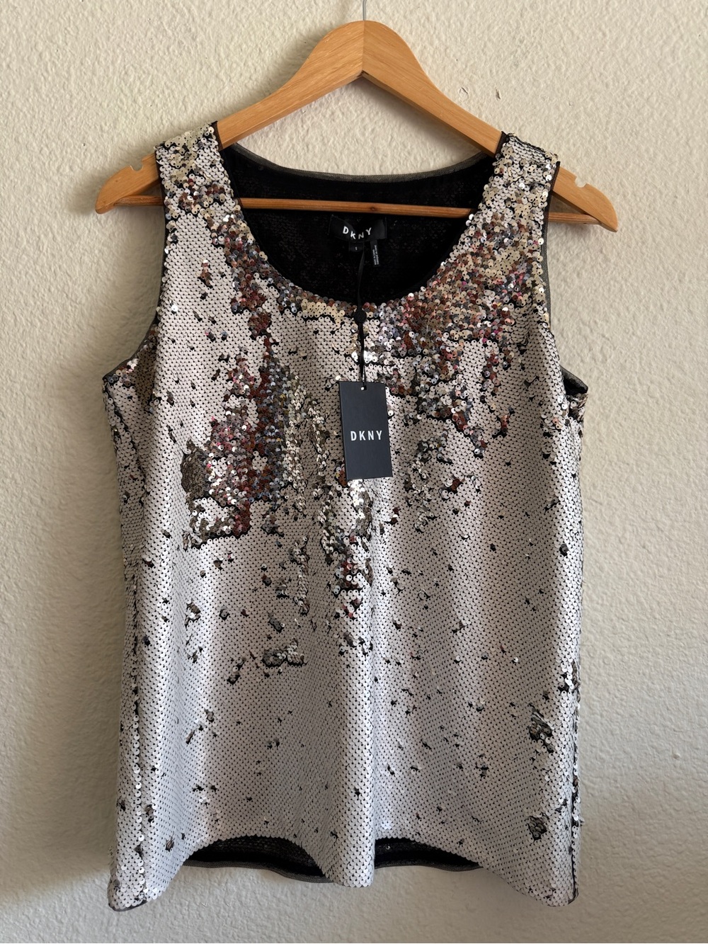 DKNY Silver Sequin Scoop Neck Sleeveless Top-size S-NWT